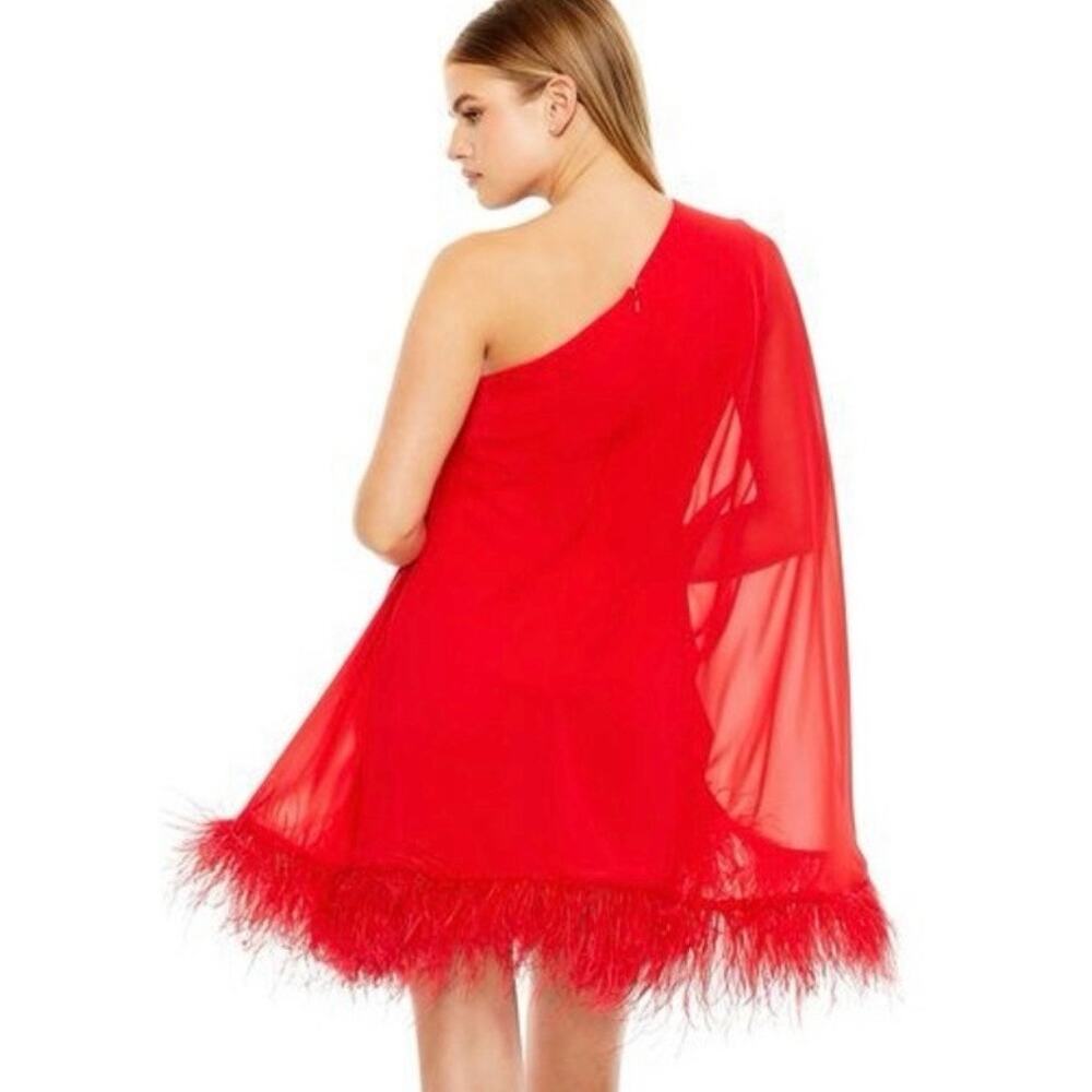 Mac Duggal One Shoulder Trapeze Mini Dress Feather Trim Red 11623 size 10 - Picture 8 of 8